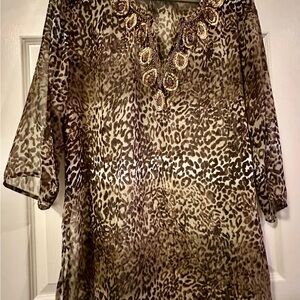 Elegant Animal Print Tunic with Embellished Neckline by Double Decker